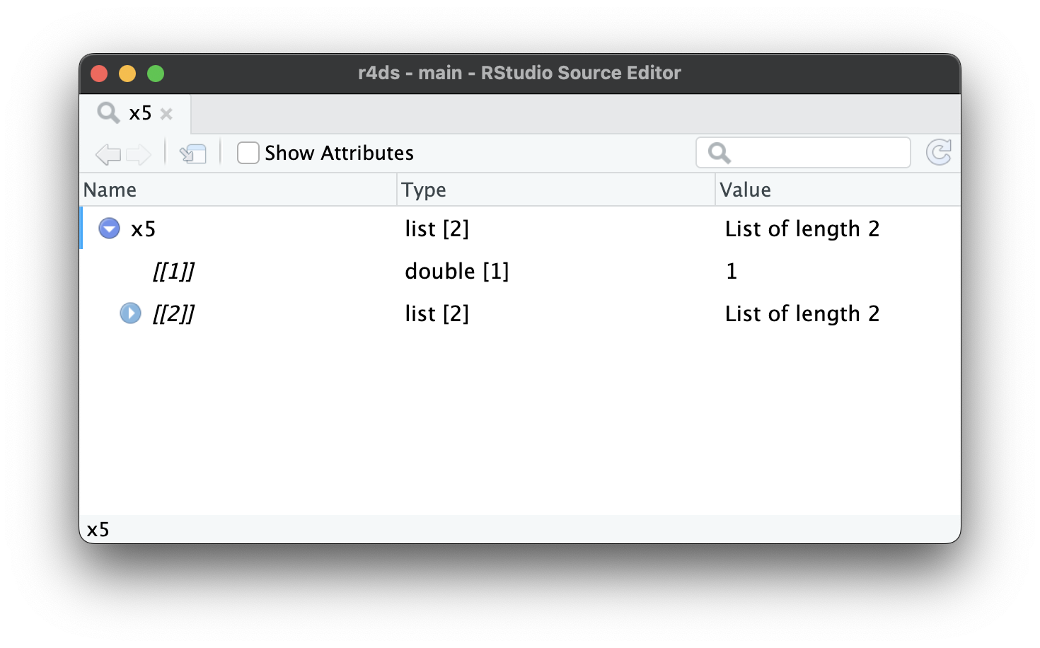 一张 RStudio 的截图,显示了列表查看器。它显示了 x5 的两个子元素: 第一个子元素是一个双精度向量,第二个子元素是一个列表。一个朝右的三角形表示 第二个子元素本身有子元素,但你看不到它们。