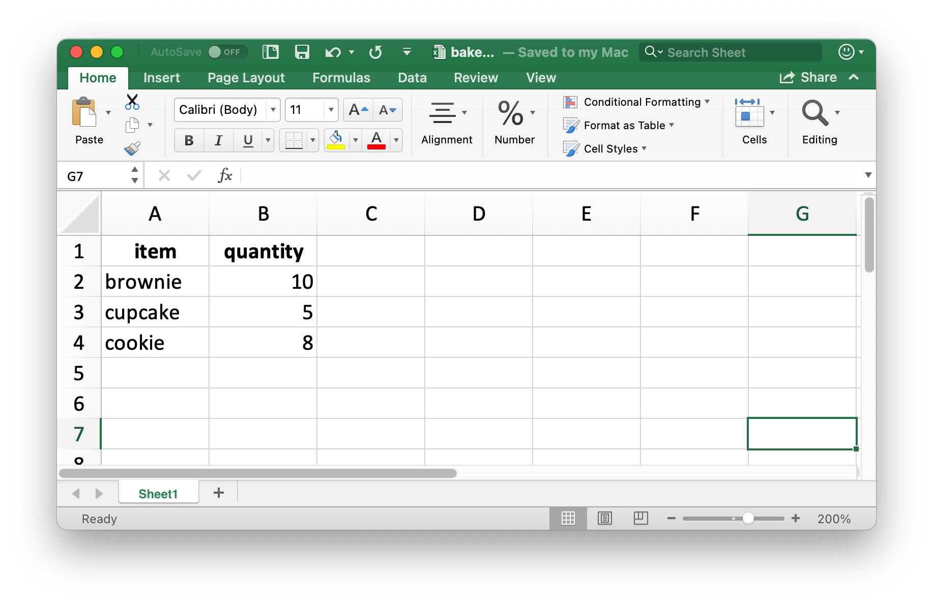 之前在 Excel 中创建的烘焙销售数据框。