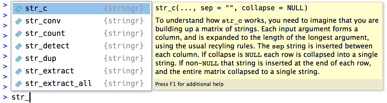 在 RStudio 控制台中输入 str_c，上方显示了自动补全的提示框， 其中列出了以 str_c 开头的函数。自动补全列表中高亮显示的函数 的函数签名和帮助文档的开头部分显示在其右侧的面板中。