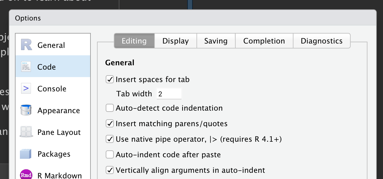 Screenshot showing the "Use native pipe operator" option which can be found on the "Editing" panel of the "Code" options. <br> 屏幕截图显示了“使用原生管道运算符”选项,该选项可在“代码”选项的“编辑”面板中找到。